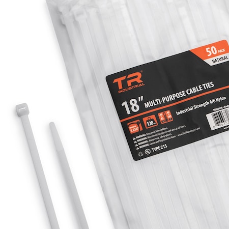 Tr Industrial Cable Tie, 18 in L, Natural, Nylon 6/6, 120 lb Strength, 50 PK TR88305N